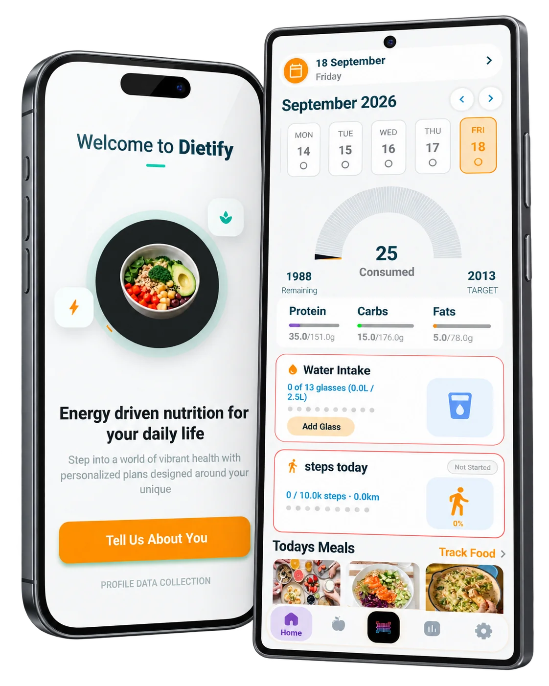Dietify nutrition and daily health tracking app shown on a phone and tablet