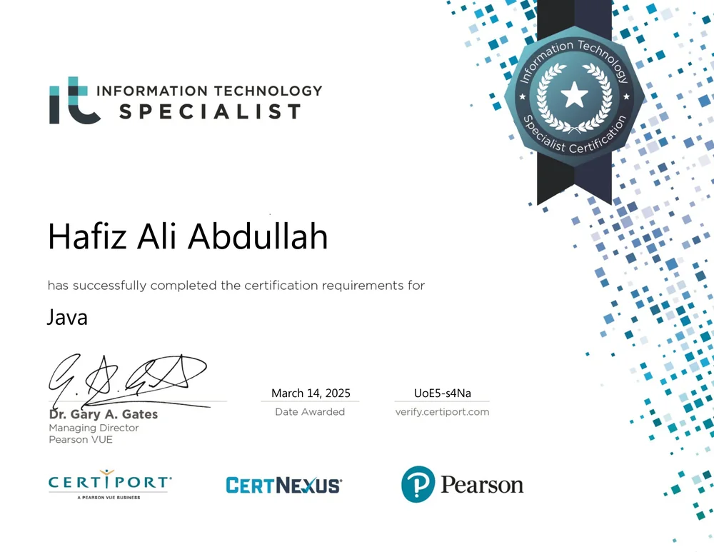 Certiport Java certification awarded to Hafiz Ali Abdullah