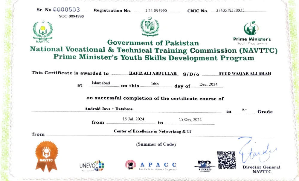 NAVTTC Android Java and Database certificate