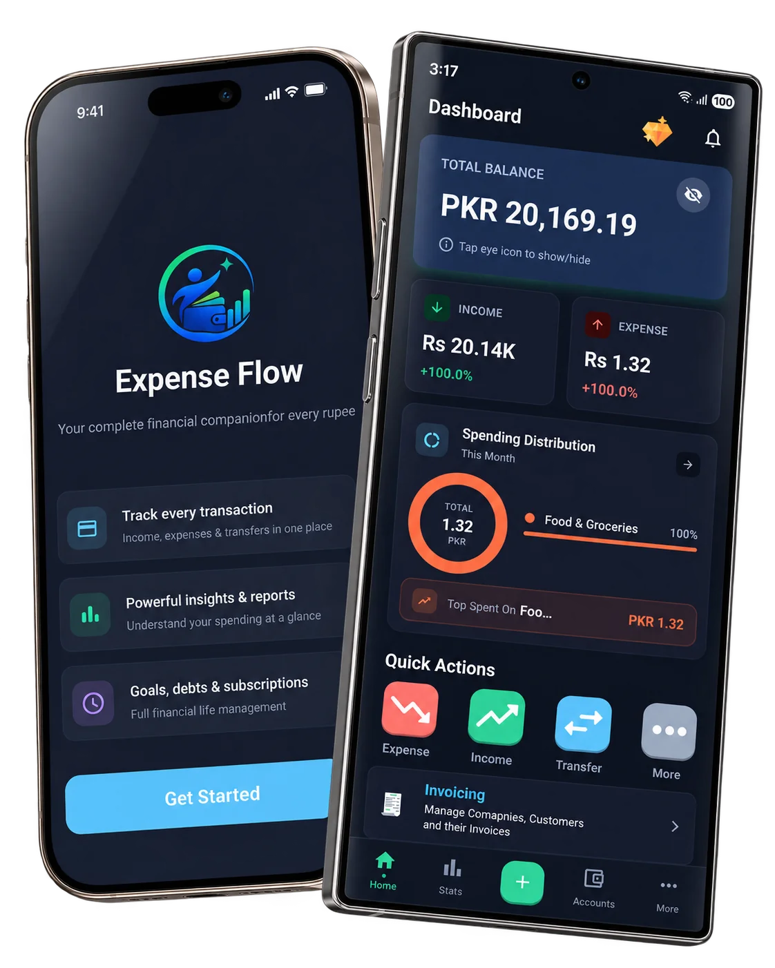 ExpenseFlow financial dashboard shown across two dark mobile devices