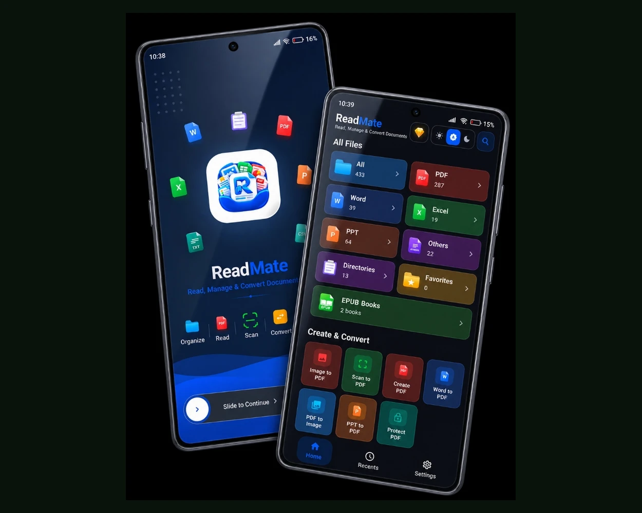 ReadMate all document reader application shown on two mobile devices