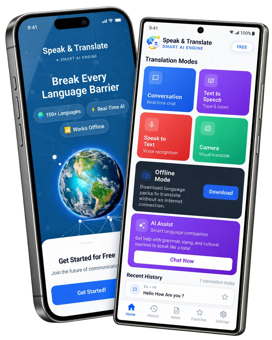 All Languages Voice Translator application interface shown across mobile screens