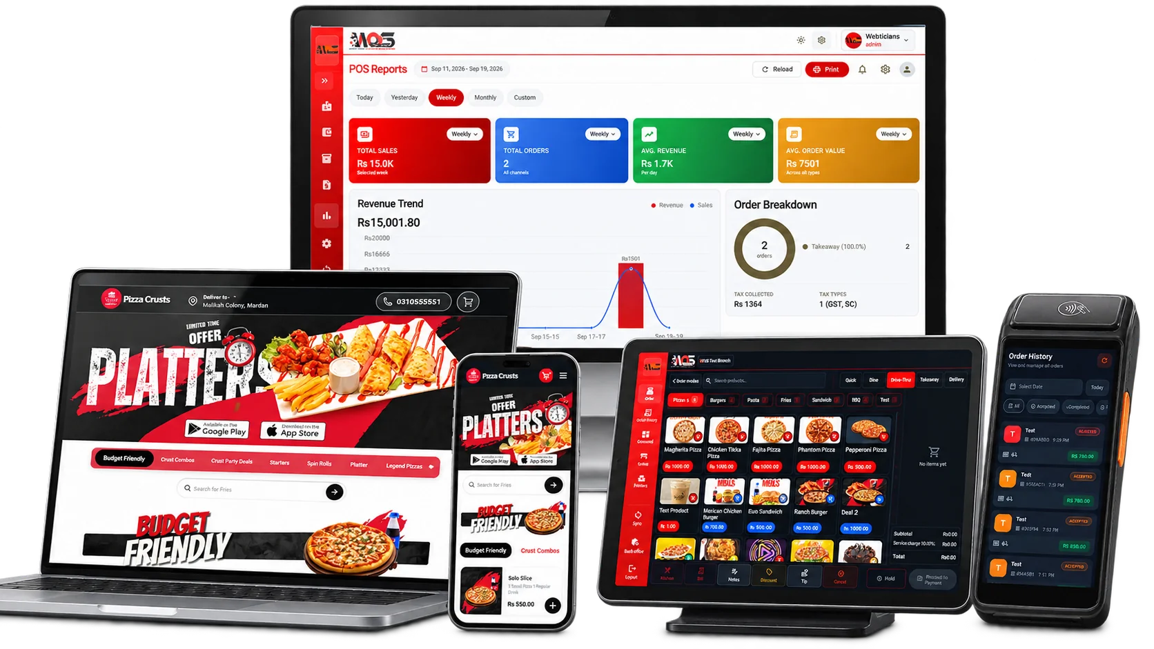 WOS restaurant operating system shown across an admin laptop, tablets, phone, and payment terminal